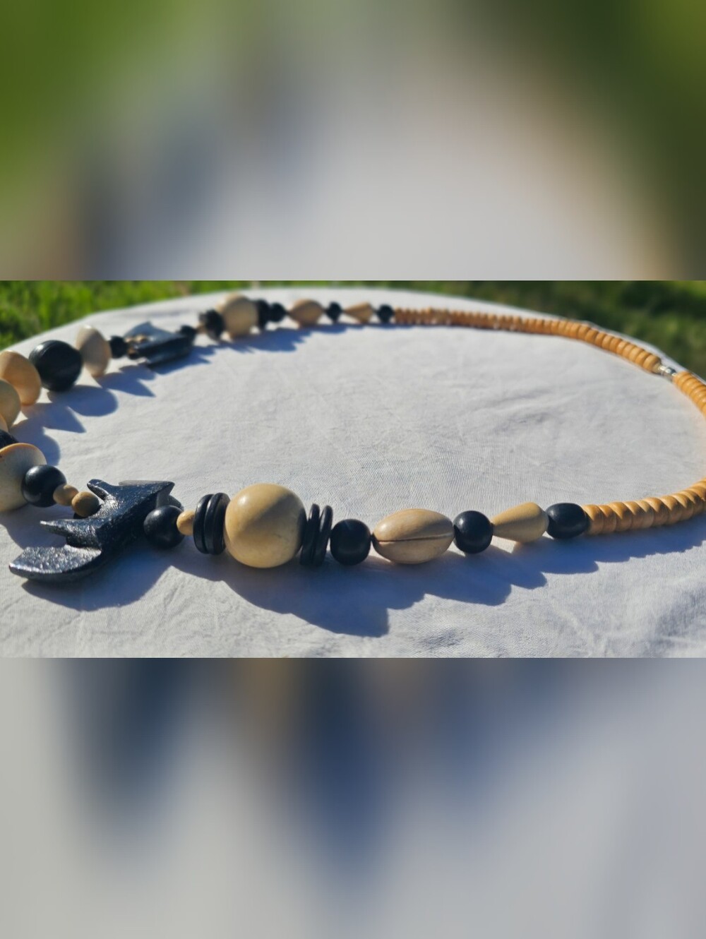 Vintage African Hand Carved Wood Safari Tribal Boho Beaded Necklace